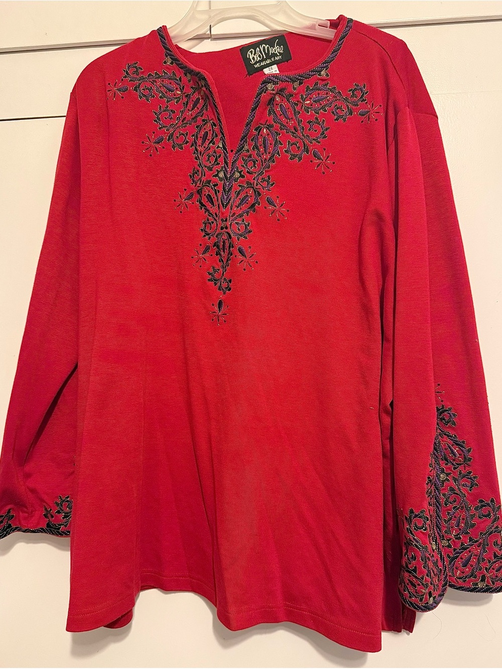 Bob Mackie Wearable Art 2X Red Embroidered Long Sleeve Tunic